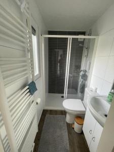 a white bathroom with a toilet and a sink at Chalet 130 in Petten +17 photos