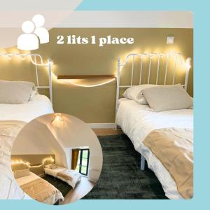 two beds in a room with a mirror between them at Rive Lumière near canal and city center in Montargis