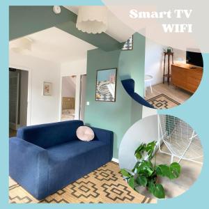 a living room with a blue couch and a plant at Rive Lumière near canal and city center in Montargis