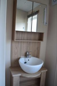 a bathroom with a white sink and a mirror at Chalet 217 in Petten