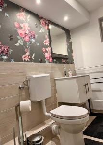a bathroom with a toilet and a mirror at WohnSinn in Bissendorf