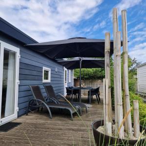 un patio con due sedie e un ombrellone di Chalet 231 a Petten