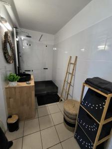 a bathroom with a shower and a ladder in it at Your T1 bis Cozy at Les Avirons awaits you! in Les Avirons
