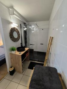 a bathroom with a sink and a mirror at Your T1 bis Cozy at Les Avirons awaits you! in Les Avirons