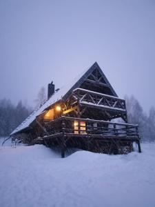 a log cabin in the snow in the snow at Domek w górach Łubinowa 6 in Międzylesie