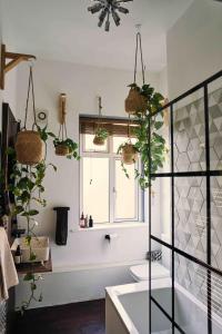 a bathroom with plants on the wall and a window at Mid-Century charm in the heart of Stroud in Stroud