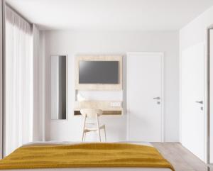 RogeFairschlafen Boutique Hostel Zimmer 0-09 mit Terrasse的一间卧室，配有一张床和一张带电视的书桌