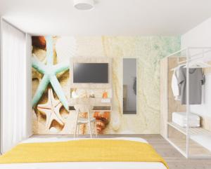 RogeFairschlafen Boutique Hostel Zimmer 0-17 mit Terrasse的卧室墙上有一幅海星壁画