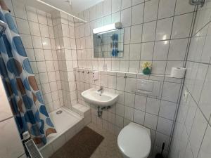 a bathroom with a toilet and a sink at Pension Haus All Seasons in Winterberg +58 photos