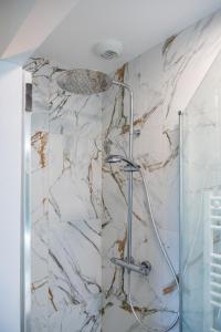 eine Dusche im Bad mit Marmorwand in der Unterkunft L'Elbe in Serris