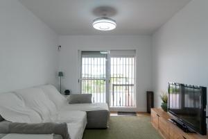 un soggiorno con un divano bianco e una TV di Doñana Loft 17 a Sanlúcar de Barrameda
