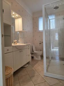 een witte badkamer met toilet en douche bij La maison du temps suspendu in Menetou-Râtel