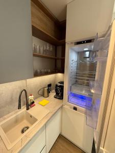 eine Küche mit Spüle und offenem Kühlschrank in der Unterkunft Premium Apartments A&S in Czernowitz
