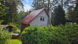 a small house with a red roof in a garden at Chata Babča in Jetřichovice