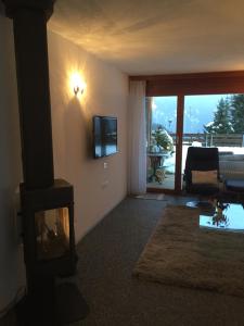 a living room with a fireplace and a television at Roc d'Orsay E51 in Leysin