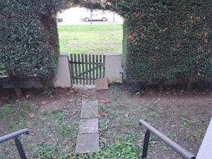 Un banco situado en un patio con un seto. en Appart Dilda, en Rixheim