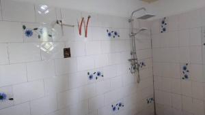 a bathroom with a shower with blue and white tiles at Sunshine Guesthouse Bafuloto in Bafuloto