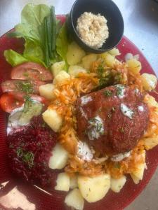 a plate of food with meat and vegetables and a sauce at Noclegi Jak u Babci in Nowe Miasto