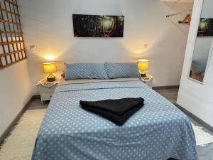 a bedroom with a bed with a black towel on it at Apartamento estudio con baño privado en el centro de Madrid in Madrid