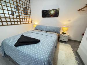 a bedroom with a bed with a blue comforter at Apartamento estudio con baño privado en el centro de Madrid in Madrid