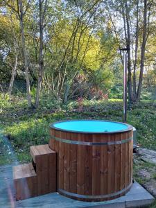 Una tina de madera con tapa azul en un parque en Apartamenty EverySky Janice, en Grudza
