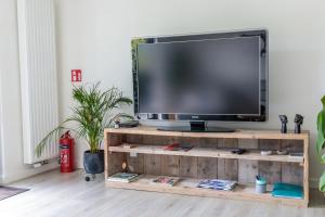 TV en un soporte de madera en la sala de estar en Demerzicht, en Aarschot