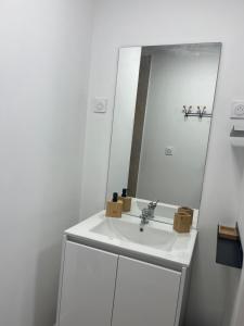 a white bathroom with a sink and a mirror at le relais des étangs in Mareuil-Caubert +13 photos