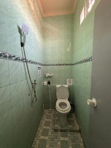 a green bathroom with a toilet and a shower at Good Feeling Ijen Banyuwangi in Banyuwangi