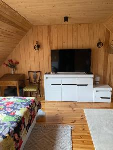a living room with a large flat screen tv at Agroturystyka Podlasie dom nad stawem in Dobrzyniewo Duże