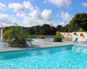a swimming pool with two chairs and a palm tree at Wilksworth Caravan Park in Wimborne Minster