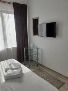 une chambre avec un lit avec une télévision au mur dans l'établissement Green Garden, à Sighetu Marmaţiei