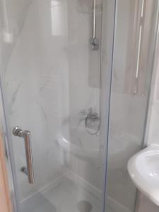 une douche avec une porte vitrée à côté d'un lavabo dans l'établissement Green Garden, à Sighetu Marmaţiei 3 autres photos