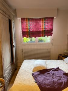 a bedroom with a bed and a window with a curtain at logement au calme 
