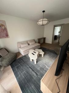 a living room with a couch and a flat screen tv at Charmant appartement aux portes de Strasbourg in Oberhausbergen