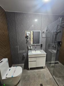 ZominにあるZamin Hotelのトイレ、洗面台、シャワー付きのバスルーム +31枚の写真