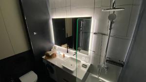 een badkamer met een wastafel, een douche en een spiegel bij ARĞYN Apartments, 3-BR Central in Astana
