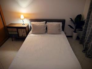 a bed with two pillows and a lamp on a table at Tabanka Azul - 2 BdR Cozy and Comfort Apt Near UN in Praia +11 photos