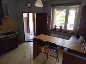 a kitchen with a wooden table and two chairs at Agroturystyka Pod Orzechem in Lubiąż