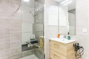 a bathroom with a shower with a sink and a toilet at Le Venise I Private Parking I Spacious & Bright in Colmar