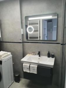 a bathroom with a sink and a mirror at Ági kuckó in Nyíregyháza