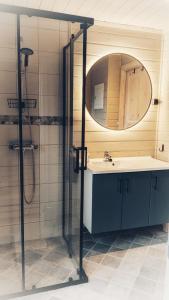 a bathroom with a sink and a shower with a mirror at Ferienhaus in Vrådal Norwegen in Vradal