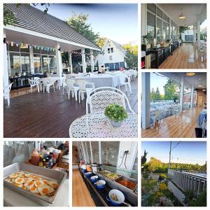 a collage of photos of a restaurant with tables and chairs at ภูฝ้ายวิลล่า Phufai villa in Chiang Khan