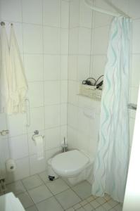 Un baño blanco con inodoro y ducha. en Deichwohnung Strandweg 7, en Friedrichskoog-Spitz