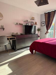 une chambre avec un lit, un bureau et une télévision dans l'établissement Lescale Zen de Bailly, à Bailly-Romainvilliers