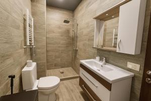a bathroom with a toilet and a sink and a shower at Your Home Inn at Jikia's Green House-Central Tbilisi in Tbilisi City +15 photos