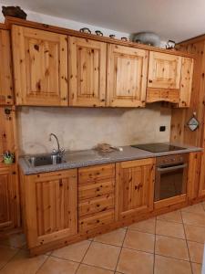a kitchen with wooden cabinets and a sink at Lo chalet di Lucky in Campodolcino