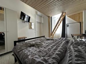 ein Schlafzimmer mit einem Bett und einem Fernseher an der Wand in der Unterkunft Ana House of Rest in Cluj-Napoca