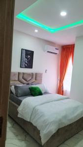a bedroom with a large bed with a green ceiling at MM Luxury 3 bedroom Duplex Terrance in Aja +19 photos