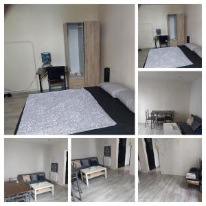4 fotos de un dormitorio con cama y mesa en Le Shelby's - Appartement cosy et lumineux !, en Villeneuve-Saint-Georges