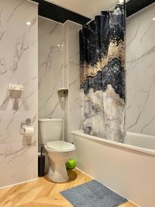 une salle de bain avec toilettes et douche dans l'établissement Eldridge Court Apartment, à Dagenham